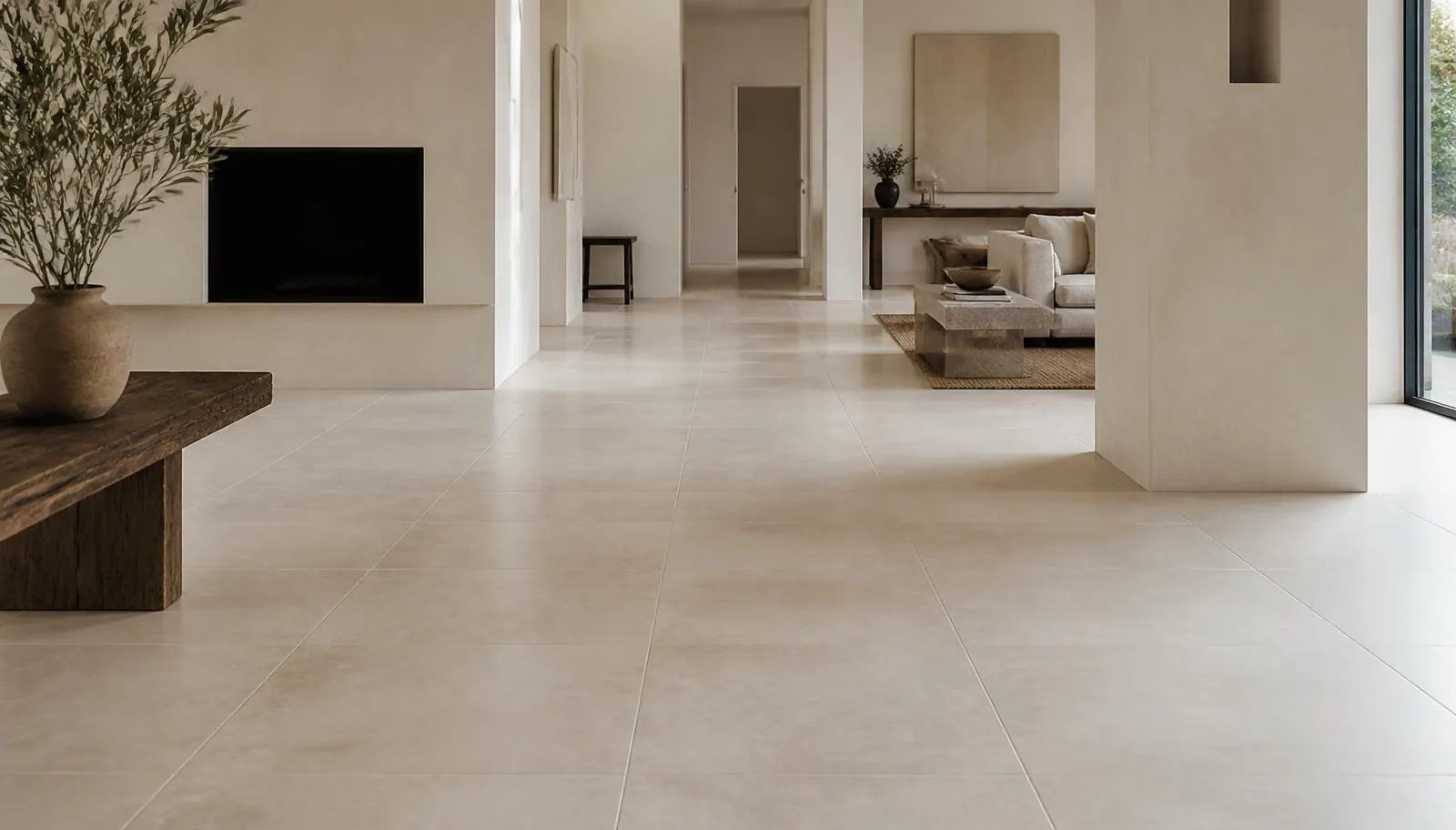 Indicative visualisation of a honed Shahabad limestone floor in a calm open living space