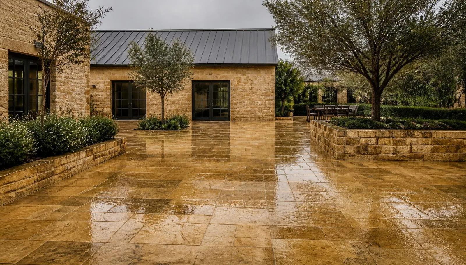 Indicative visualisation of a Shahabad limestone paved courtyard after rain, the wet surface reading darker
